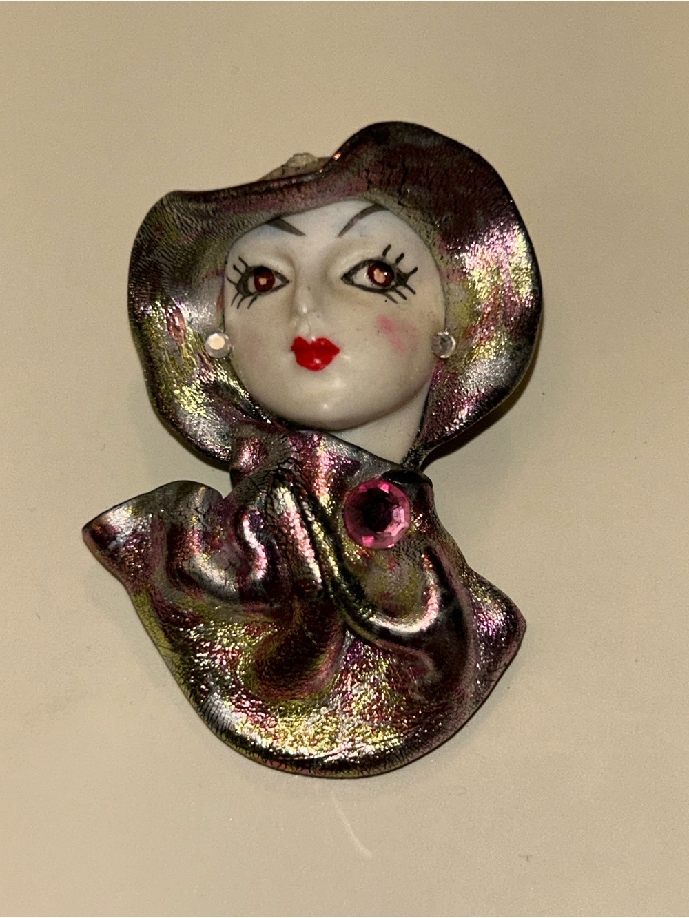 Iridescent Purple Lady Brooch with Pink Accents - Women Jewelry